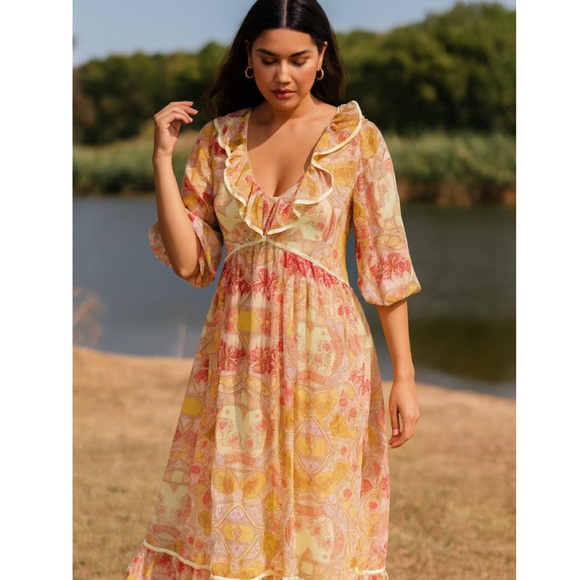 NWT FREE PEOPLE Carmella Ruffle Maxi Dress Tea Combo Medium - Picture 2 of 14